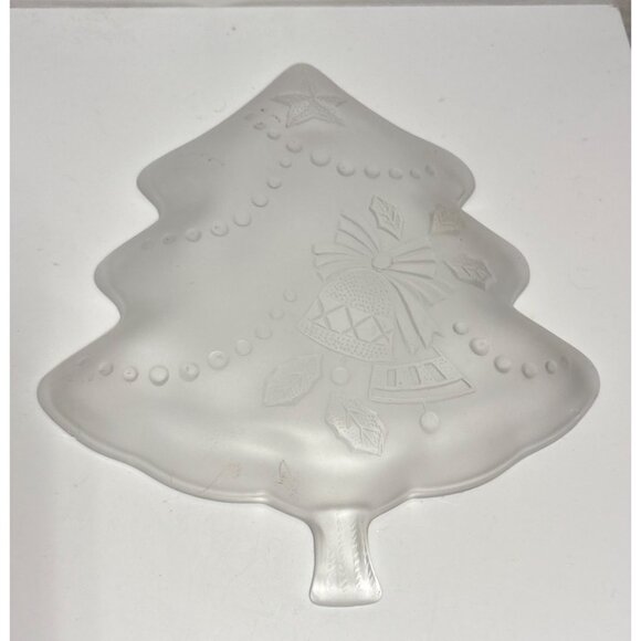 Christmas Tree Shaped Serving Dish Holiday Frosted Glass Bell Design 7.5" - Picture 6 of 6